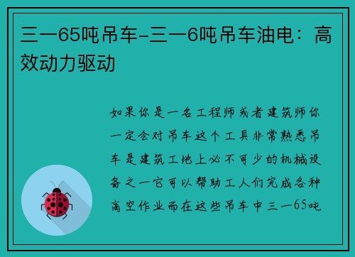 三一65吨吊车-三一6吨吊车油电：高效动力驱动