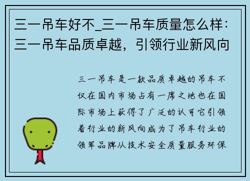 三一吊车好不_三一吊车质量怎么样：三一吊车品质卓越，引领行业新风向