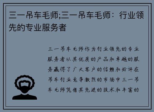 三一吊车毛师;三一吊车毛师：行业领先的专业服务者